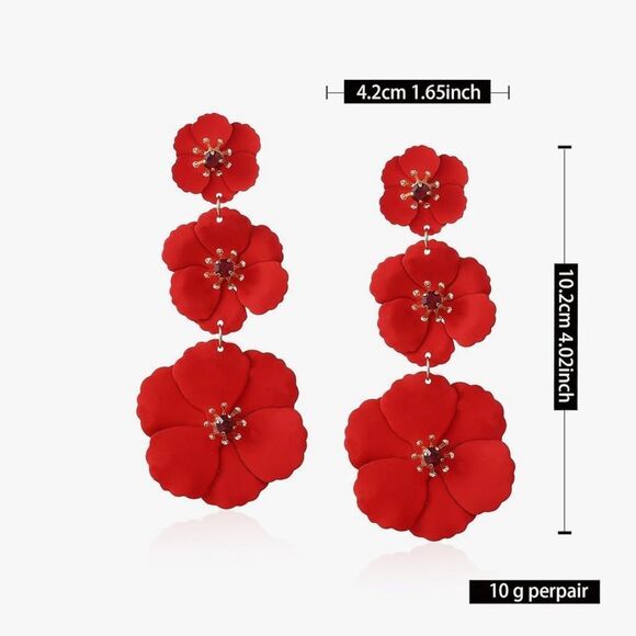 Elegant Red Floral layered flower Drop Earrings - Picture 10 of 10